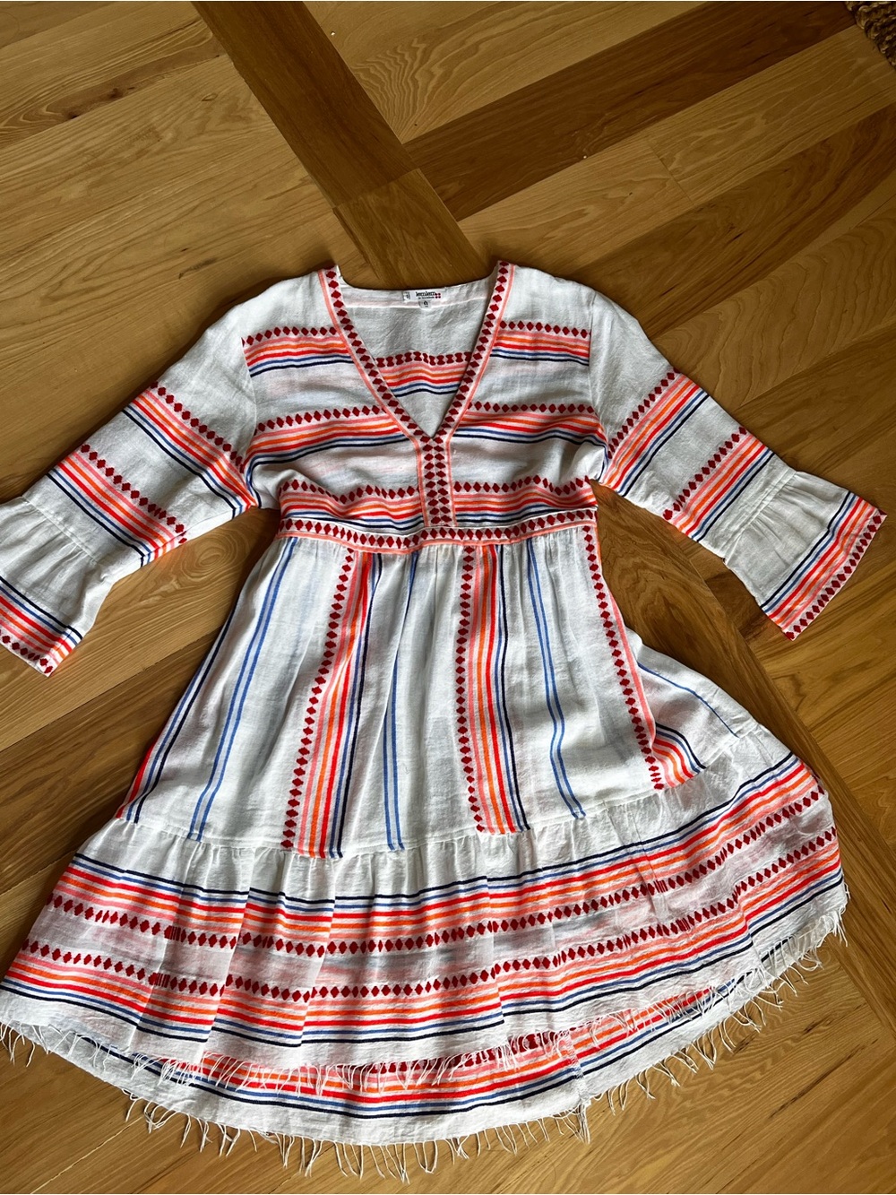 Lemlem Eshe White Cotton Stripe Swim Coverup with Red & Blue Accents